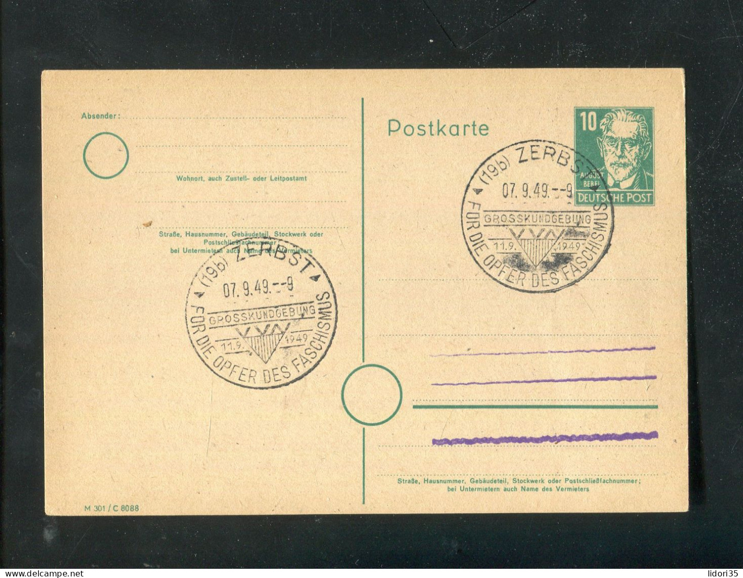 "DDR" 1949, SSt. "ZERBST, Fuer Die Opfer Des Faschismus" Auf Postkarte (L0062) - Postkaarten - Gebruikt