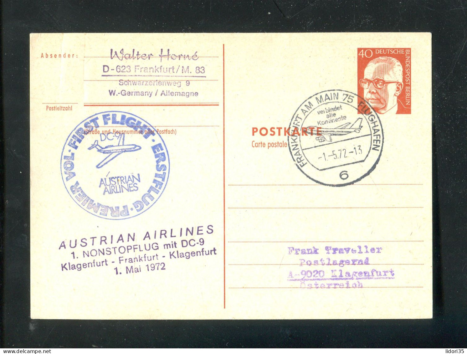 "BERLIN" 1972, Postkarte Mi. P 84 Per AUA-Erstflug Mit DC-9 "Klagenfurt-Frankfuert" (L0063) - Postkarten - Gebraucht