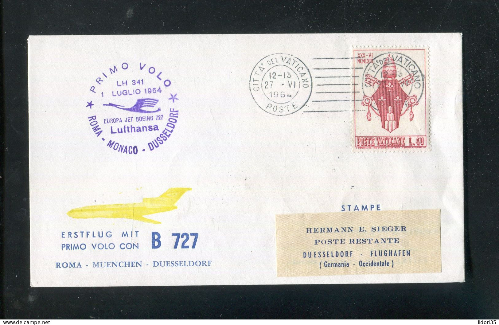 "VATIKAN" 1964, Brief Als Zuleitungspost Zu Erstflug LH 341 "Roma-Duesseldorf" (L0065) - Luftpost