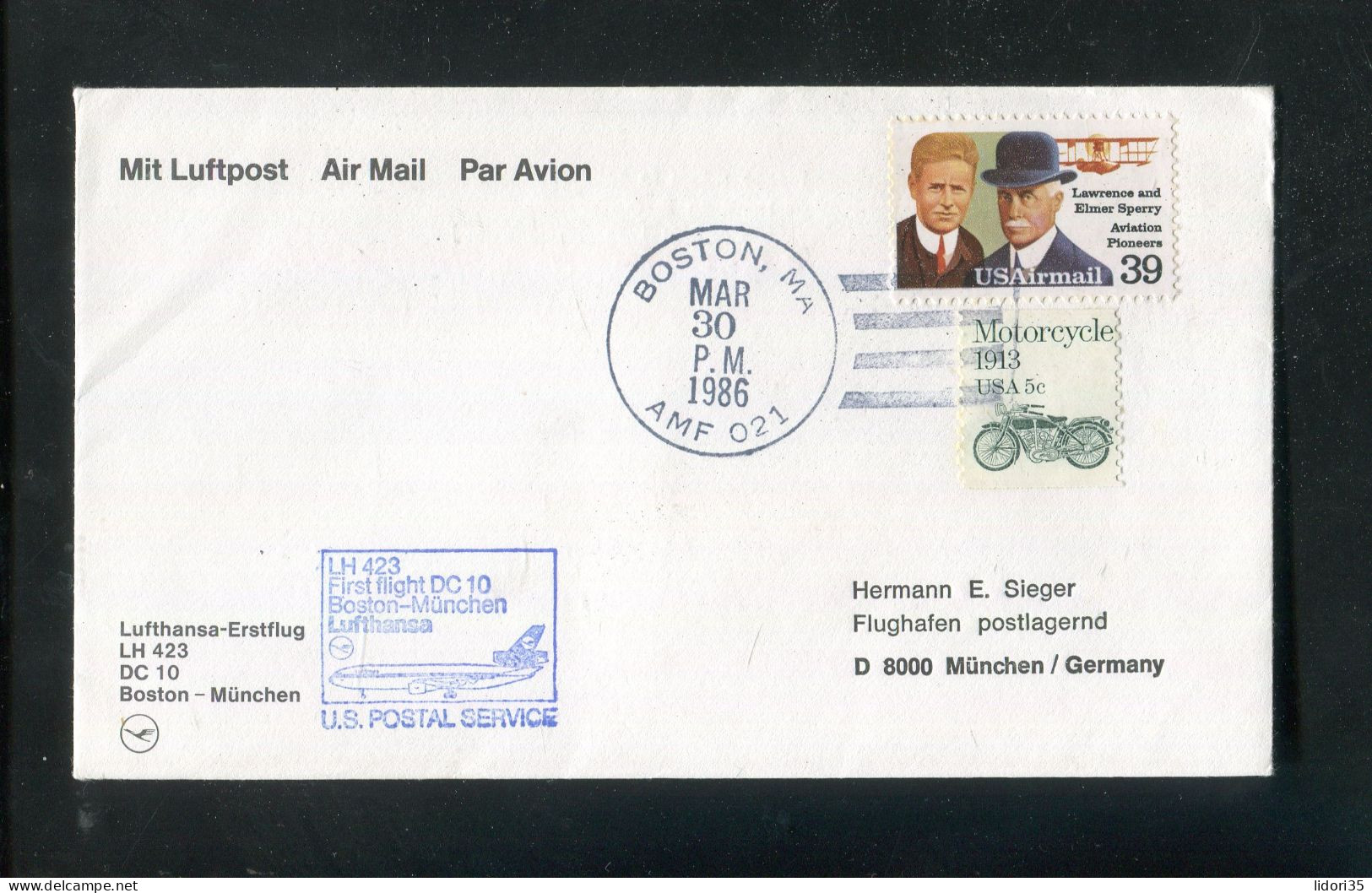 "USA" 1985, Erstflugbrief LH 423 Mit DC 10 "Boston-Muenchen" (L0066) - 3c. 1961-... Lettres