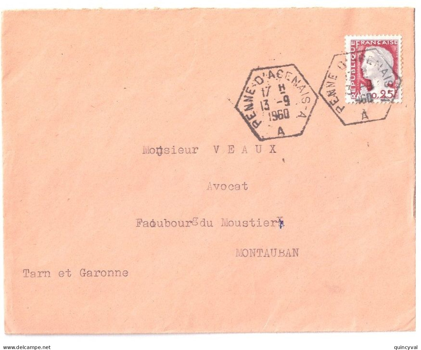 PENNE D'AGENAIS-A Lettre 25c Decaris Yv 1263 Ob 1960 - Handstempel