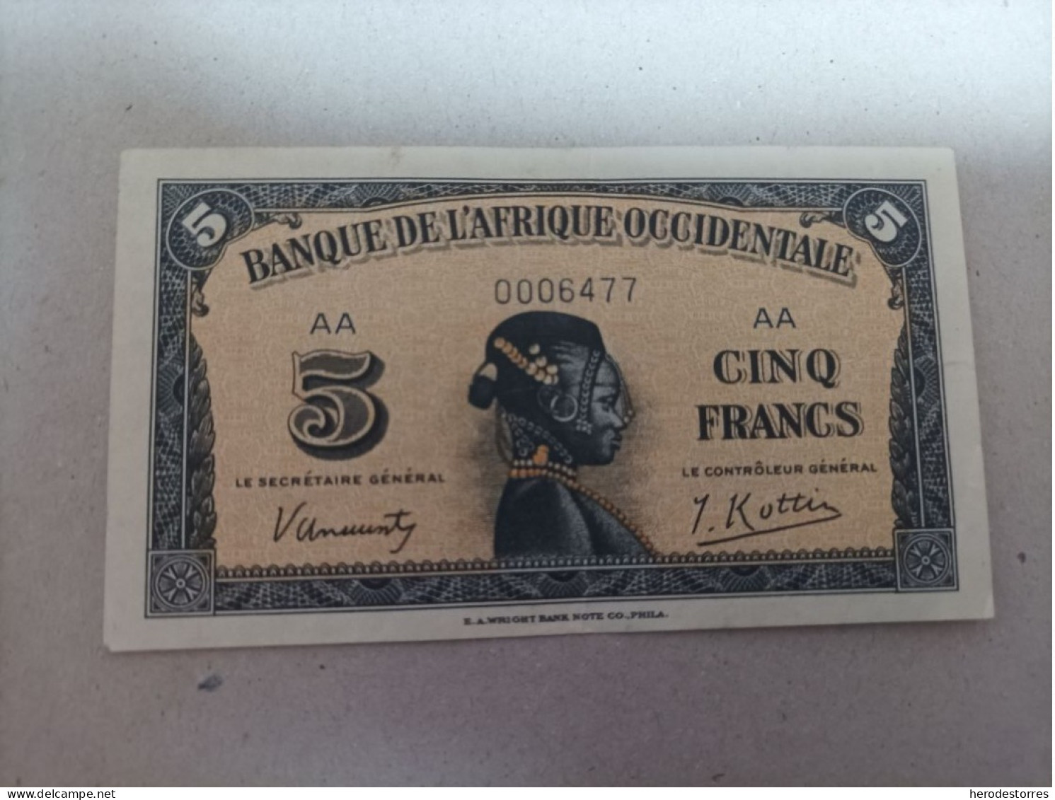 Billete África Occidental 5 Francs, Año 1942, Serie AA, Nº Bajisimo 0006477 - États D'Afrique De L'Ouest