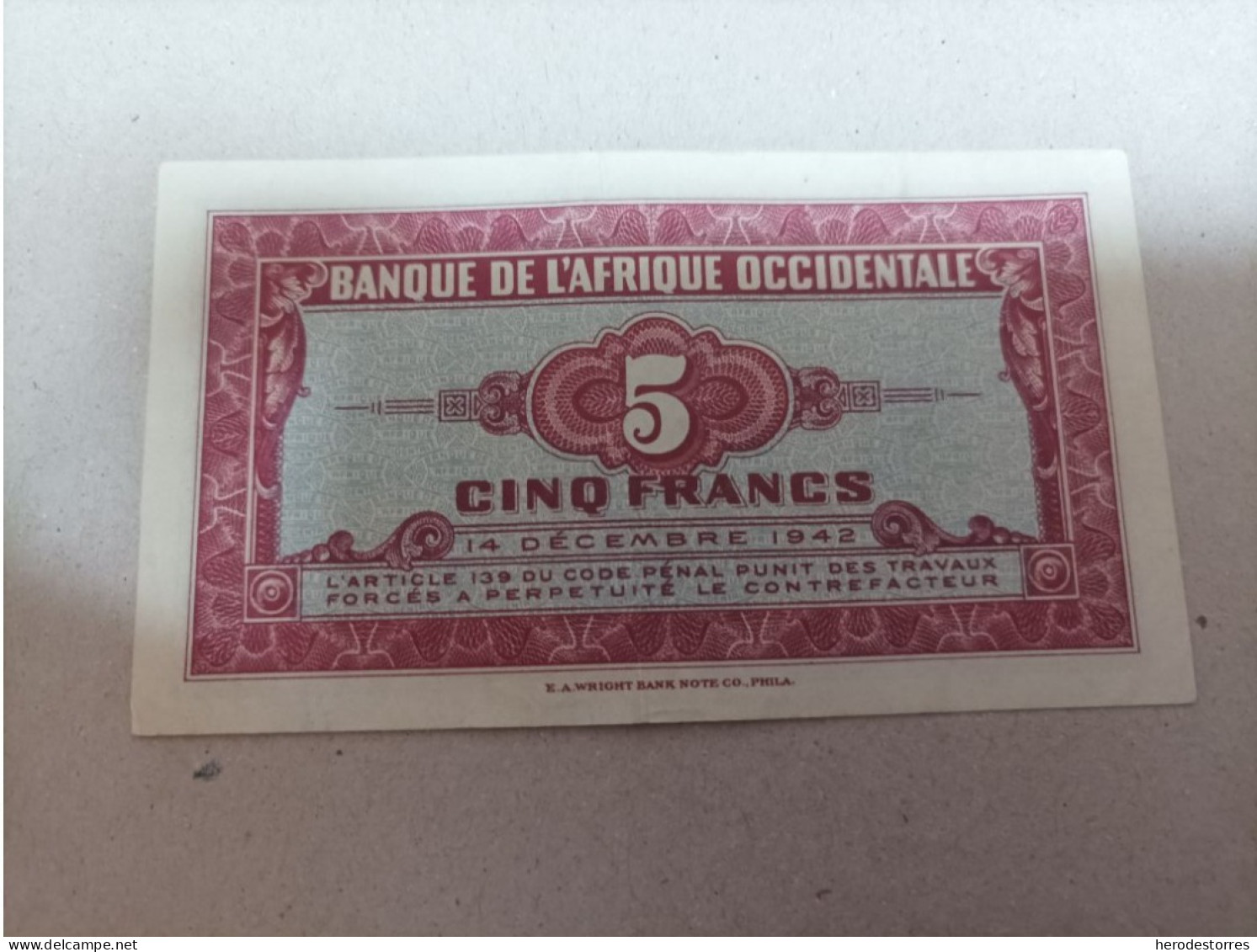 Billete África Occidental 5 Francs, Año 1942, Serie AA, Nº Bajisimo 0006477 - États D'Afrique De L'Ouest