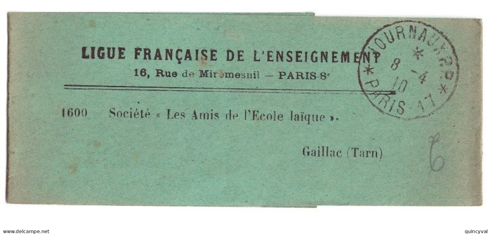 Bande Journal LIGUE FRANCAISE DE L'ENSEIGNEMENT Ob JOURNAUX P.P. PARIS 17 Ob 8 4 10 - Zeitungsmarken (Streifbänder)