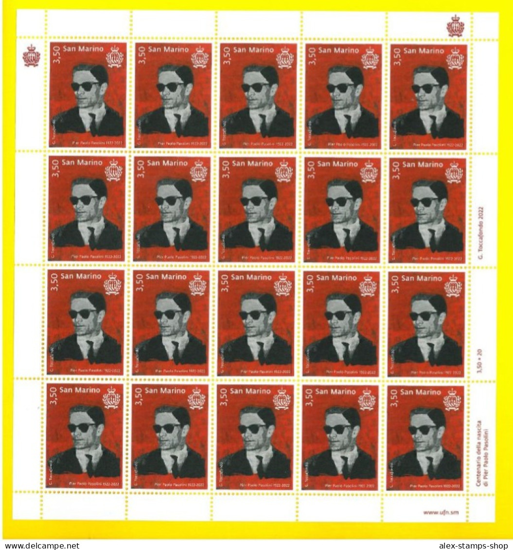 SAN MARINO 2022 Centenario Della Nascita Di Pier Paolo Pasolini MF - New Sheet - Blocks & Sheetlets