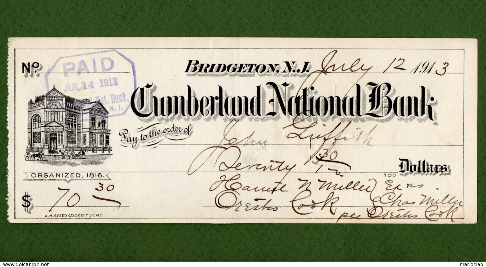 USA Check Cumberland National Bank BRIDGETON New Jersey 1913 - Autres & Non Classés