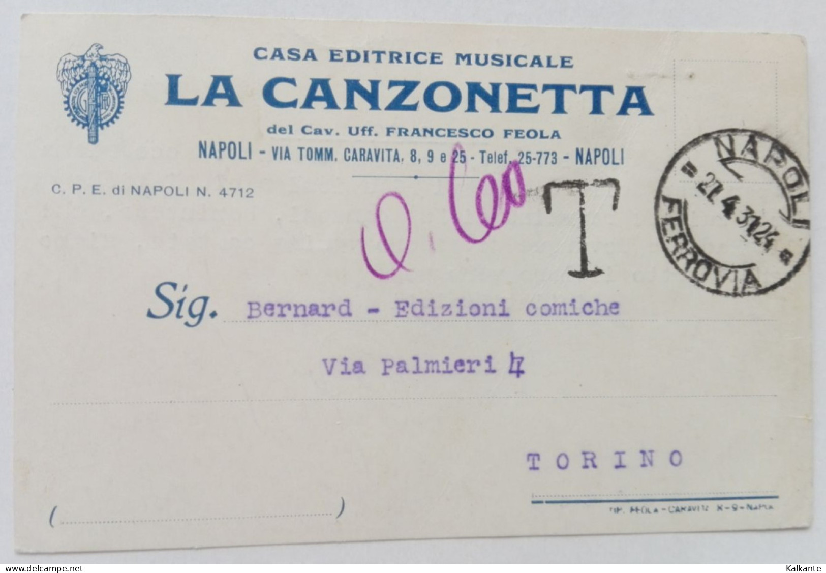 1931 - CARTOLINA POSTALE - CASA EDITRICE"LA CANZONETTA", Napoli - Portomarken