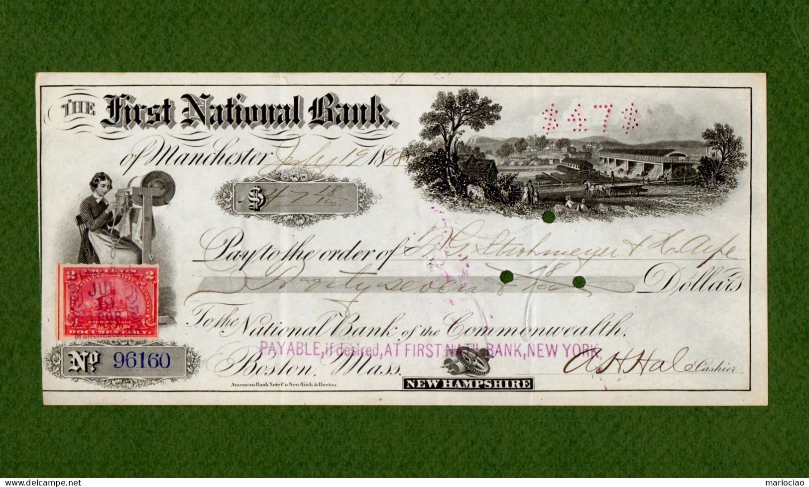 USA Check First National Bank 1896 Manchester, NH - Other & Unclassified