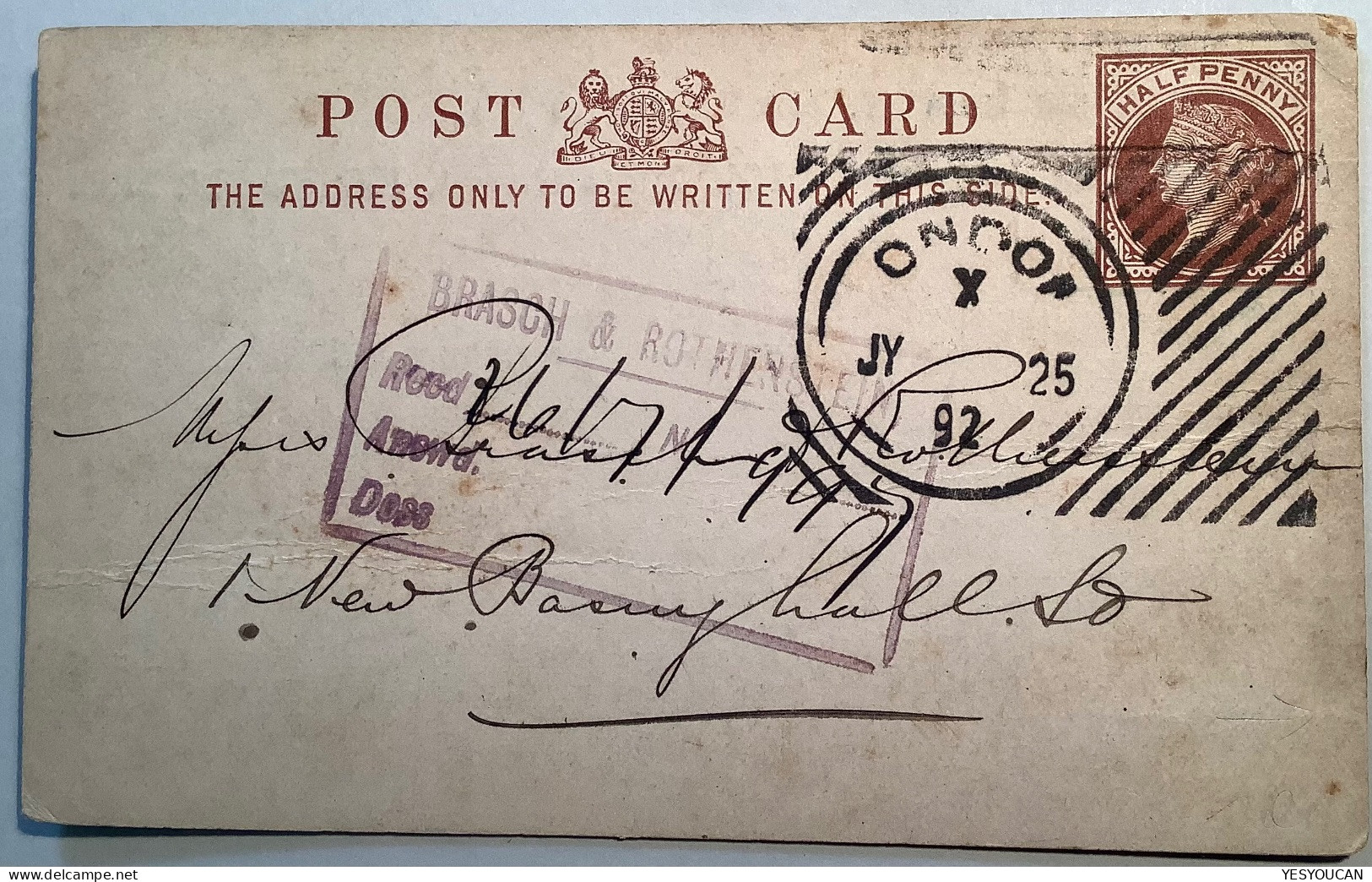 Exceptional Strike Of „LONDON X 1892“ HOSTER MACHINE CANCEL On GB Queen Victoria 1/2d Postal Stationery Card - Material Postal