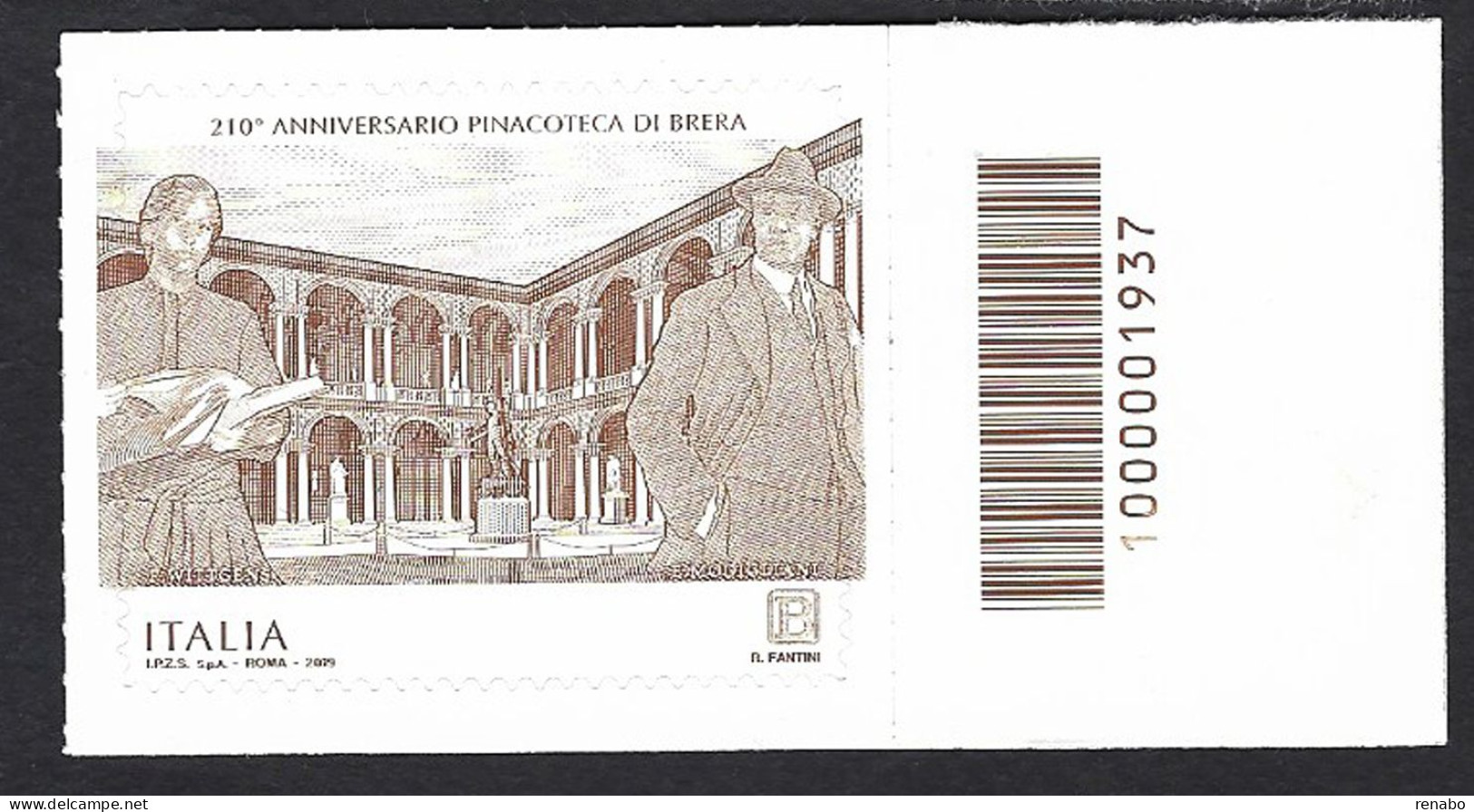 Italia 2019; Pinacoteca Di Brera, Cortile Interno; Francobollo A Barre. - Bar-code