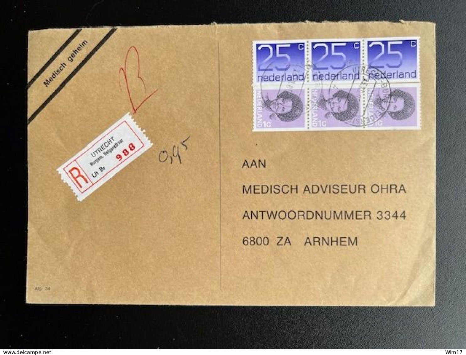 NETHERLANDS 1985 REGISTERED LETTER UTRECHT BURGEM. REIGERSTRAAT TO ARNHEM 23-12-1985 NEDERLAND - Briefe U. Dokumente