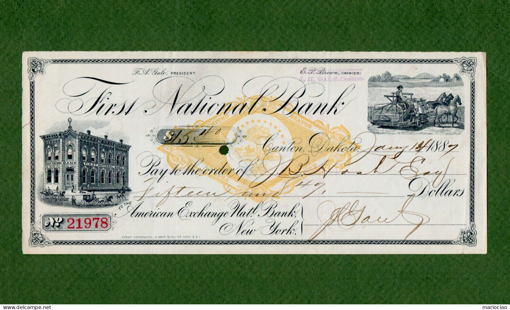 USA Check First National Bank Canton Dakota Territory 1887 - Autres & Non Classés