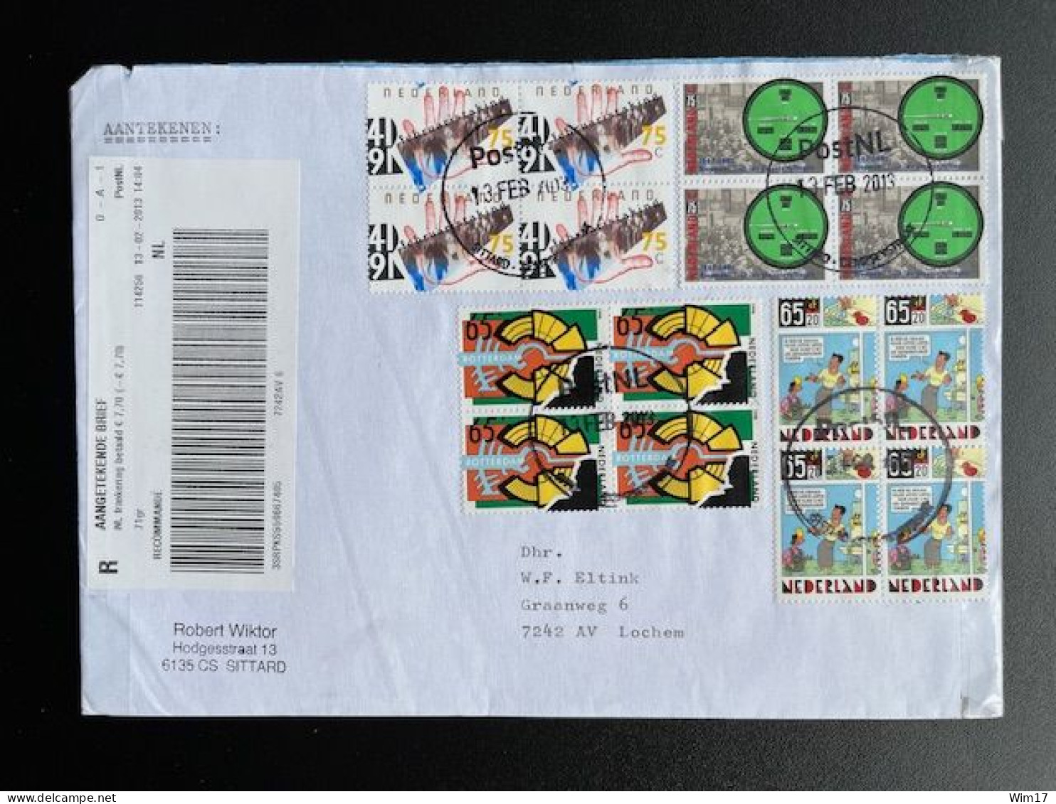 NETHERLANDS 2013 REGISTERED LETTER SITTARD DEMPSEYSTRAAT TO LOCHEM 13-02-2013 NEDERLAND - Cartas & Documentos