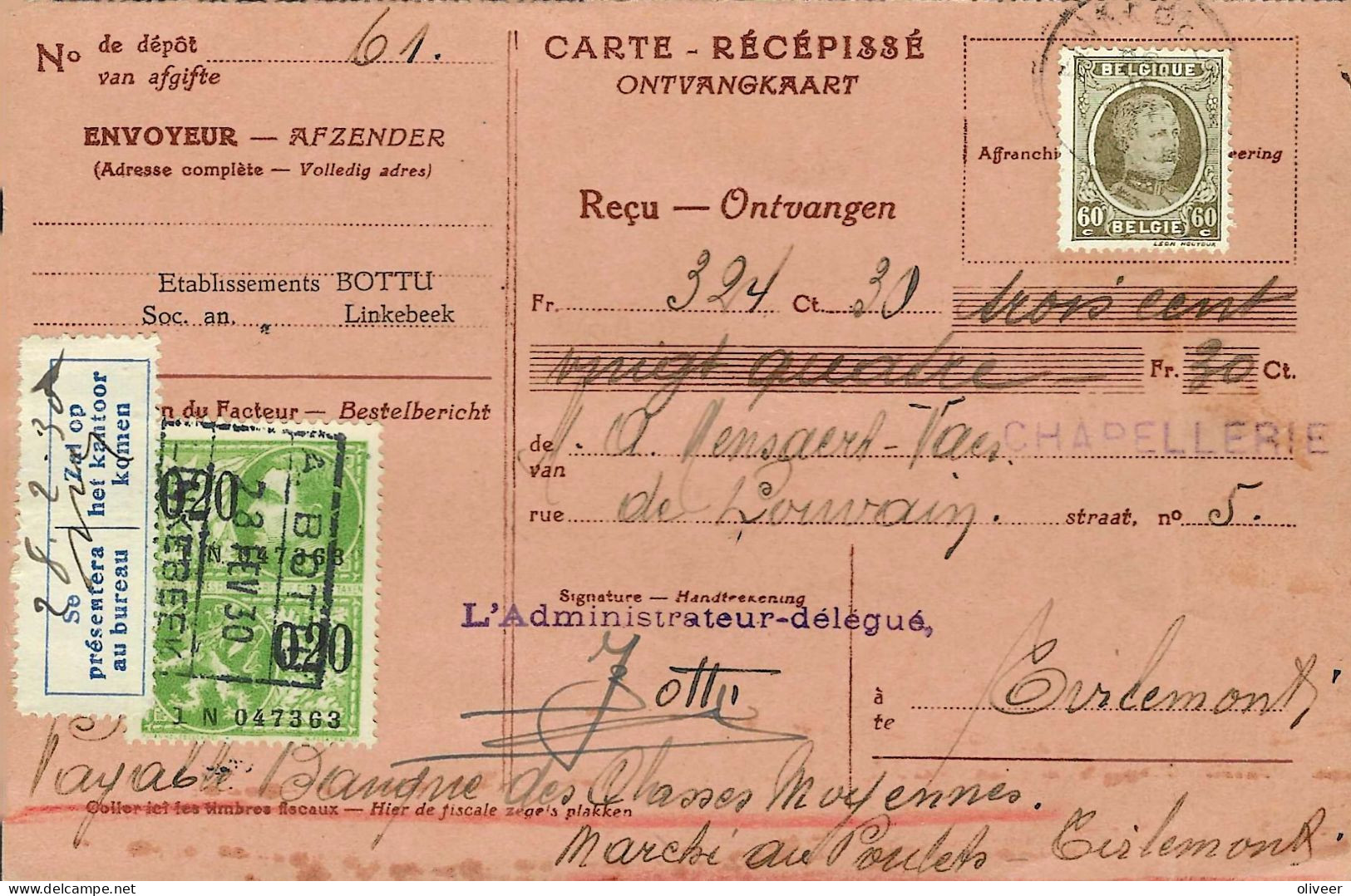 Ontvangkaart 60 Ct. + Etiket "Zal Op Kantoor Komen" - "Se Présentera Au Bureau" - 1922-1927 Houyoux
