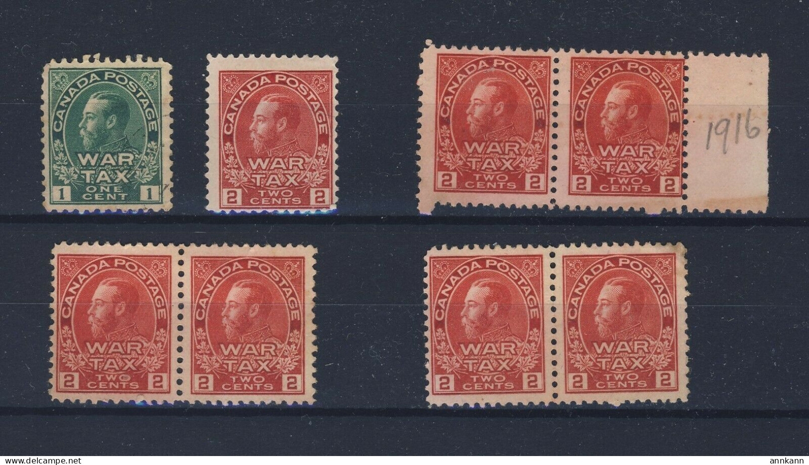 8x Canada Mint Admiral War Tax Stamps MR1-1c MR2-2c 3x Pairs MR2-2c GV= $100.00 - Kriegssteuermarken