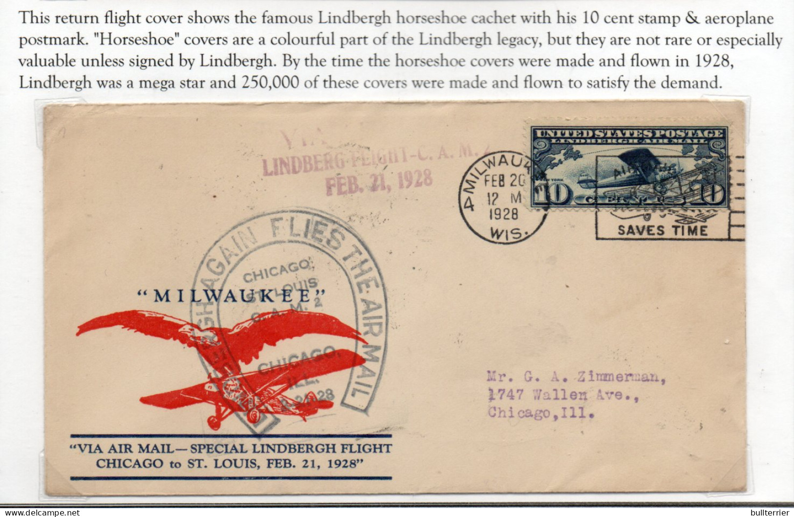 USA -  1928 LINDBERGH HORSESHOE SPECIAL FLIGHT  COVER  MILWAUKEE  POSTMARK  - 1c. 1918-1940 Briefe U. Dokumente