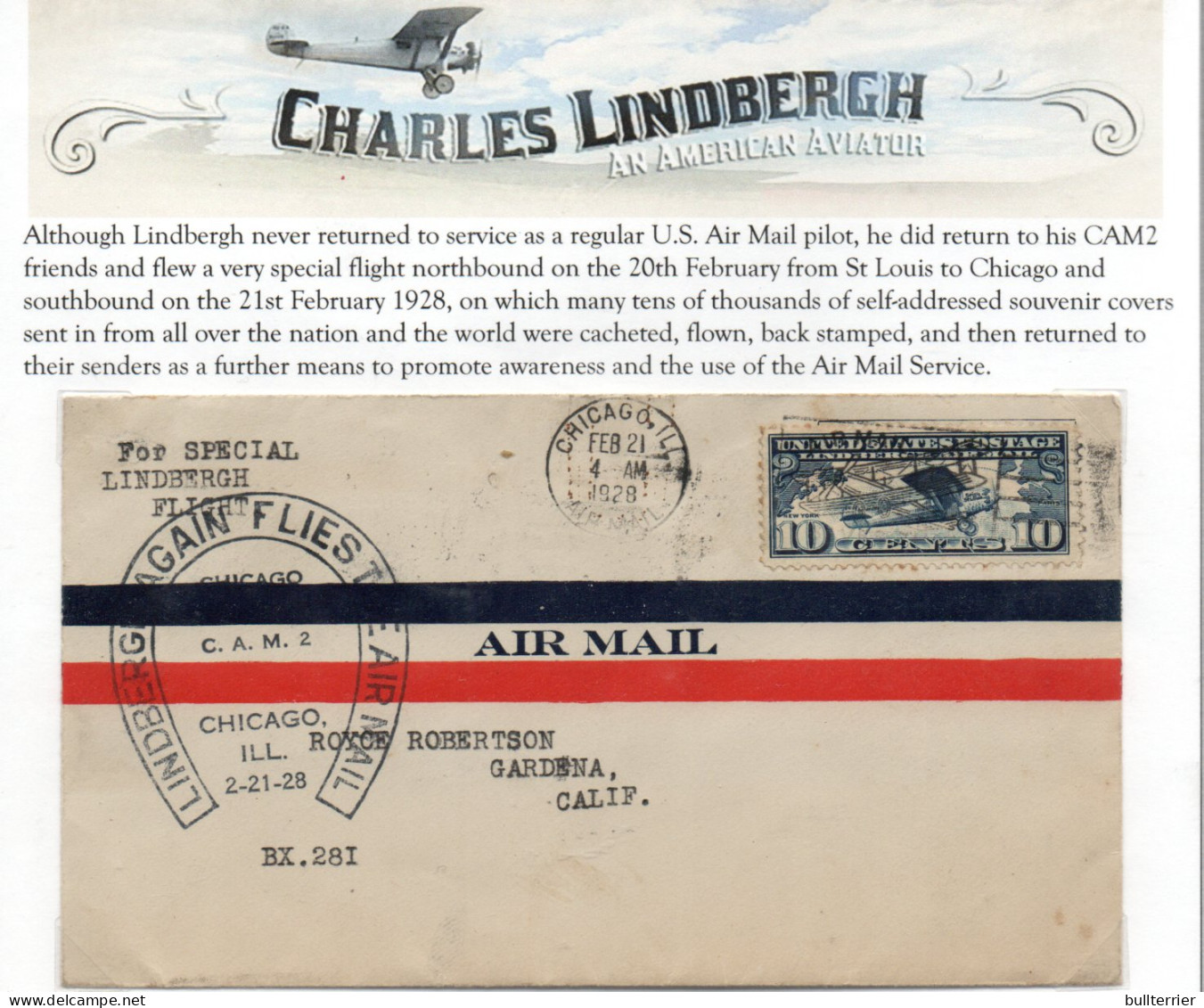 USA -  1928 LINDBERGH HORSESHOE SPECIAL FLIGHT  COVER  CHICAGO POSTMARK  - 1c. 1918-1940 Briefe U. Dokumente