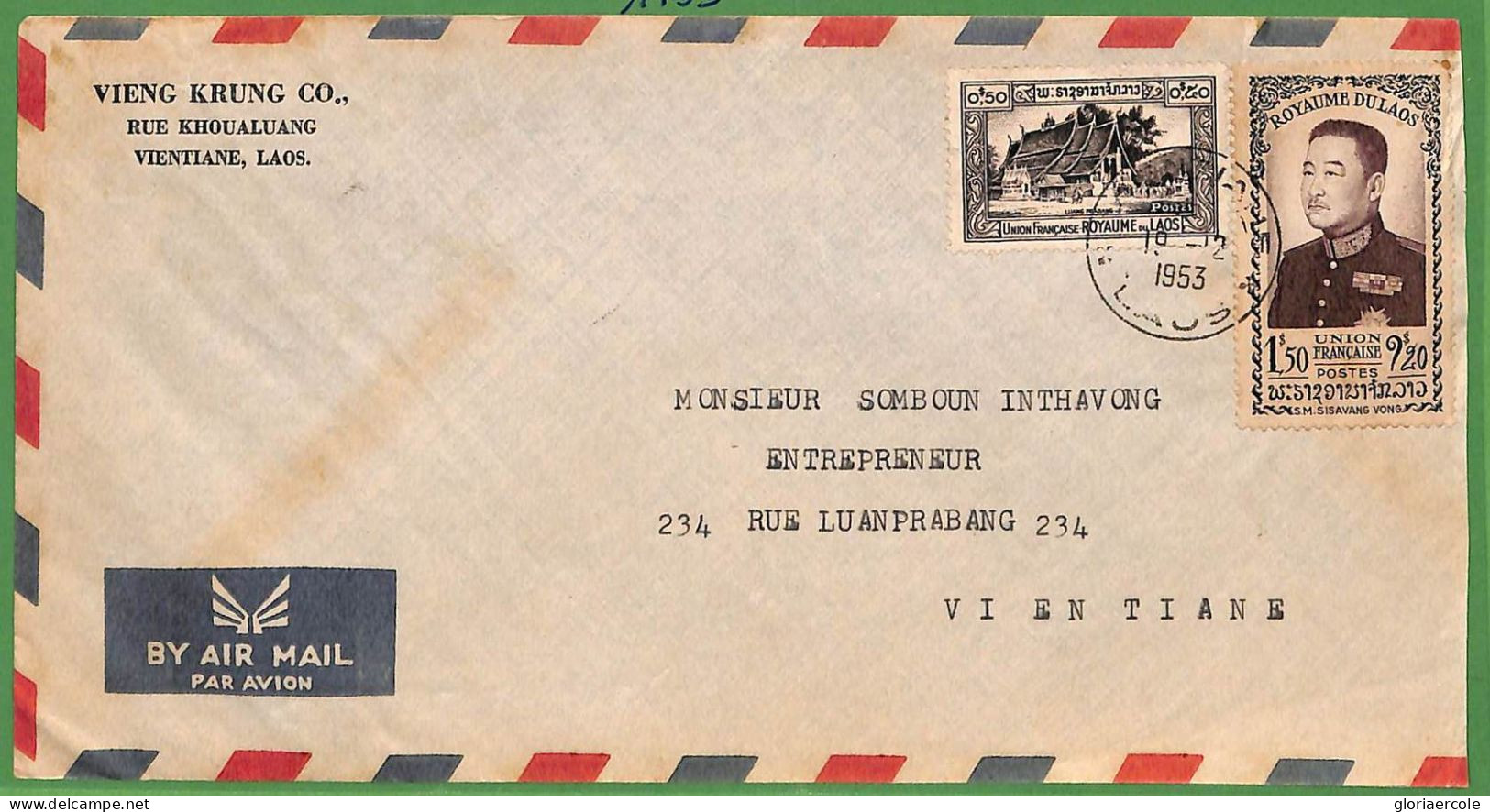 ZA1838 -  LAOS - Postal History - AIRMAIL  COVER - 1953 - Laos