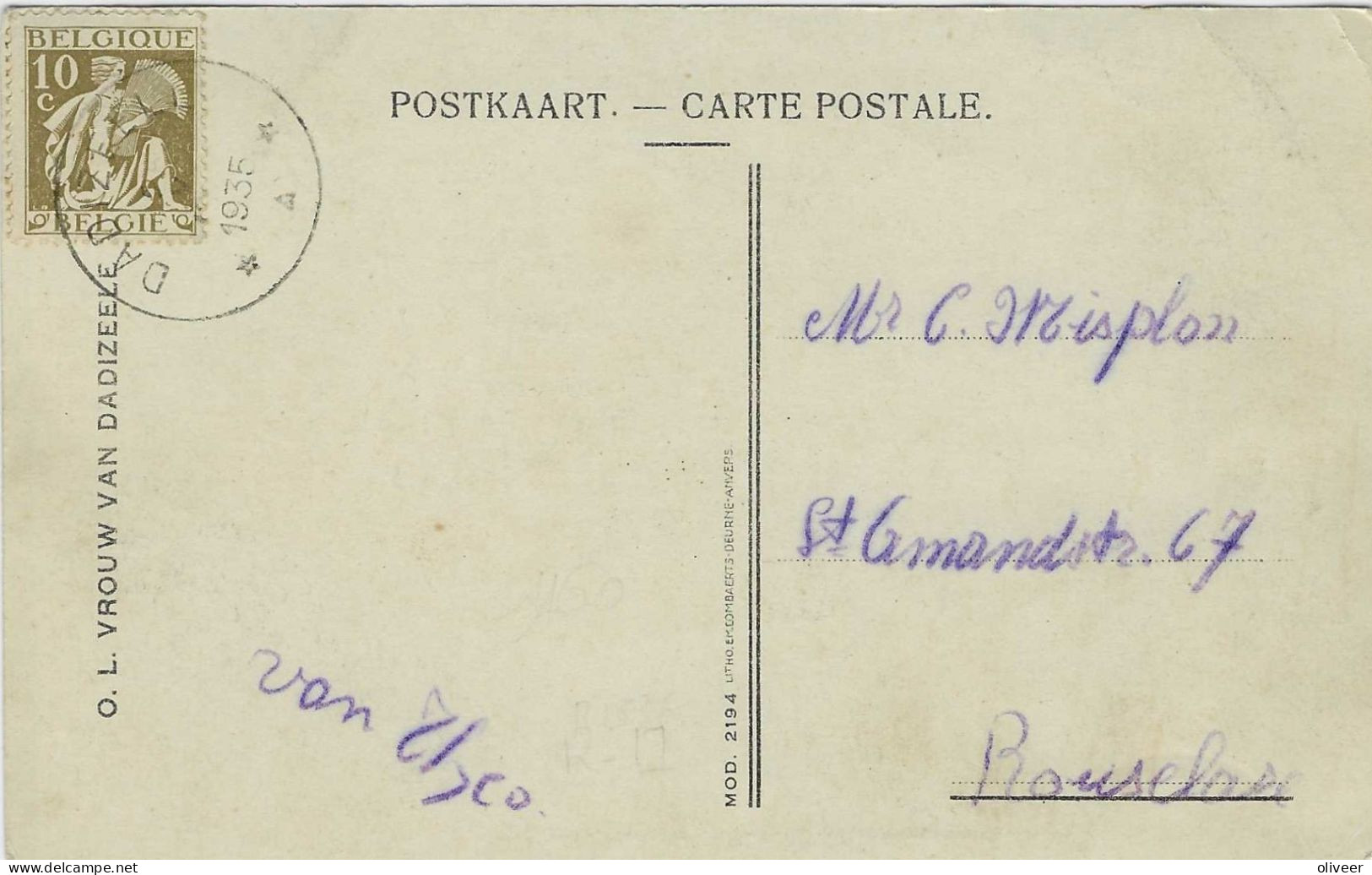 Postkaart Met Sterstempel DADIZEELE - 1935 - Sellos Con Estrellas