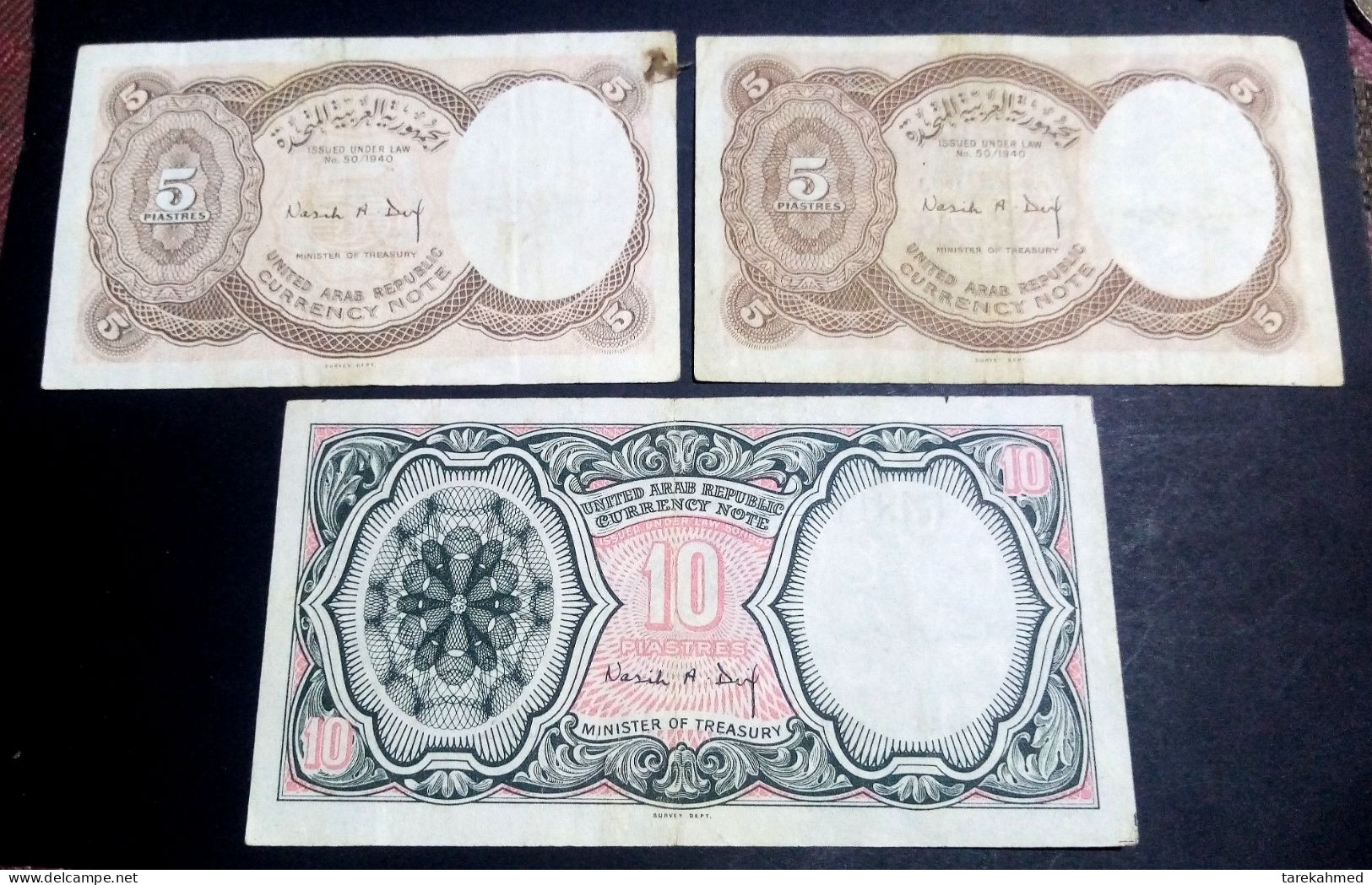 Egypt (1967-1968), V Rare 5 '& 10 Piastres, P180c & P181d , Sign Nazih A. Deif., Complete SET 3 Notes. - Egipto
