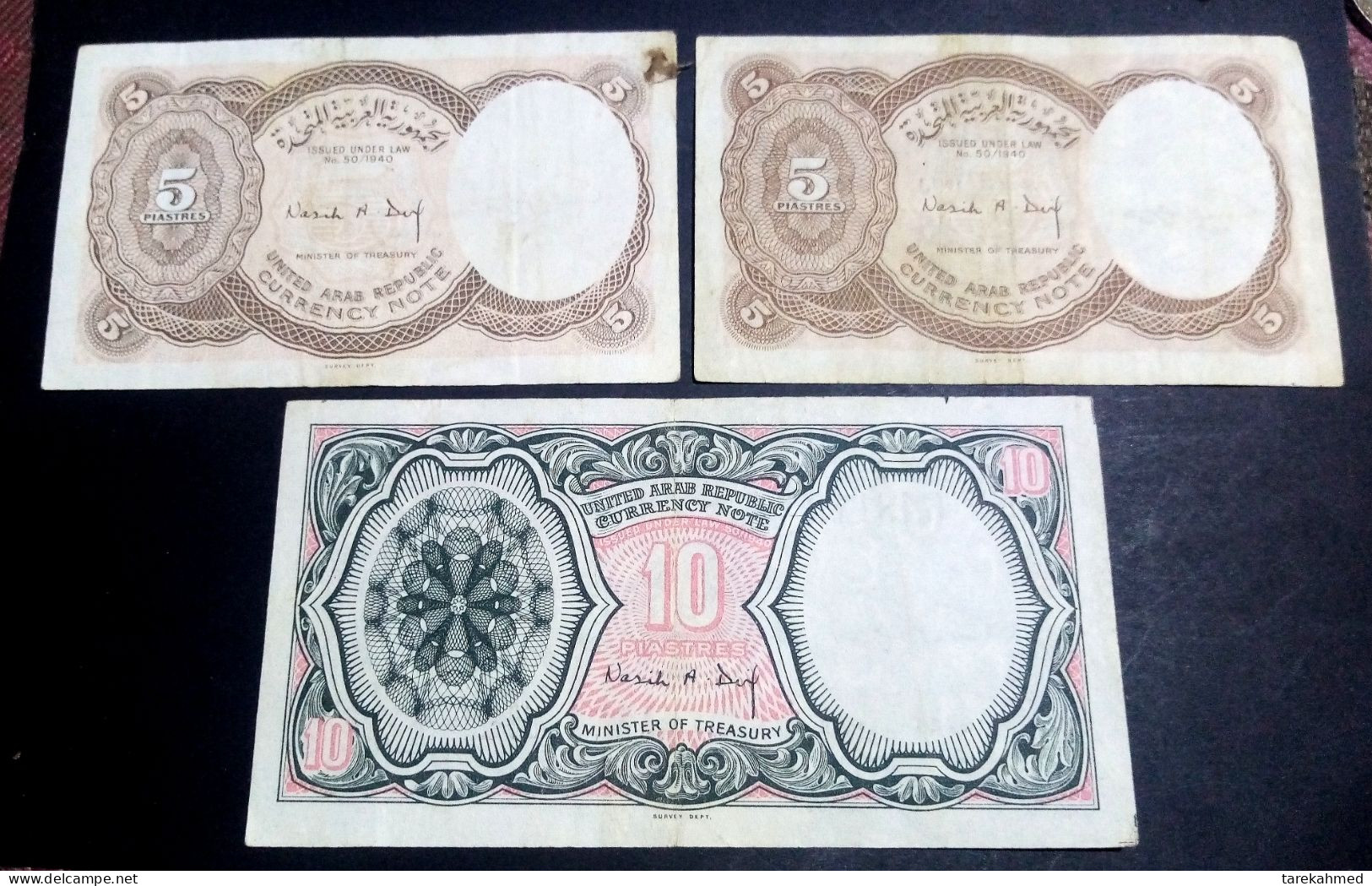 Egypt (1967-1968), V Rare 5 '& 10 Piastres, P180c & P181d , Sign Nazih A. Deif., Complete SET 3 Notes. - Egitto