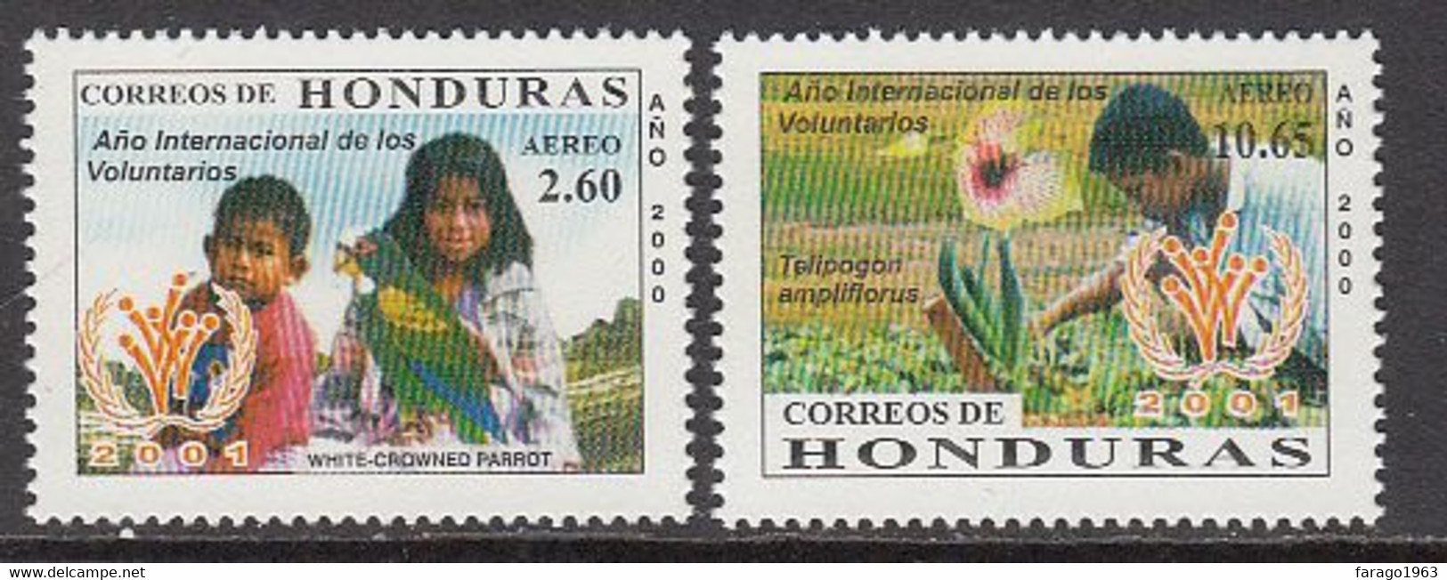 2000 Honduras International Volunteerism Year Parrots Flowers Complete Set Of 2 MNH - Honduras