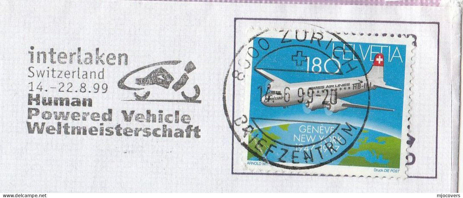 HUMAN POWERED VEHICLE  World CHAMPIONSHIPS 1999 Cover Illus SLOGAN SWITZERLAND Stamps - Wielrennen