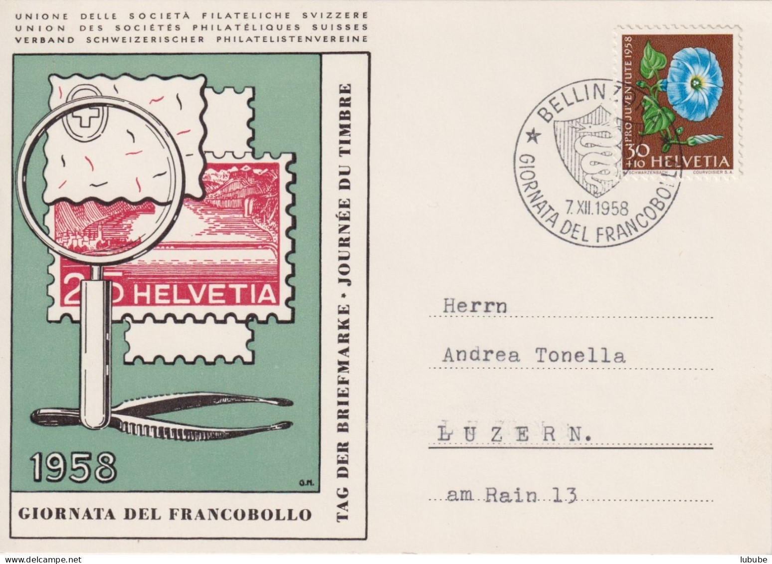 Sonderkarte  "Giornata Del Francobollo, Bellinzona"      1958 - Covers & Documents