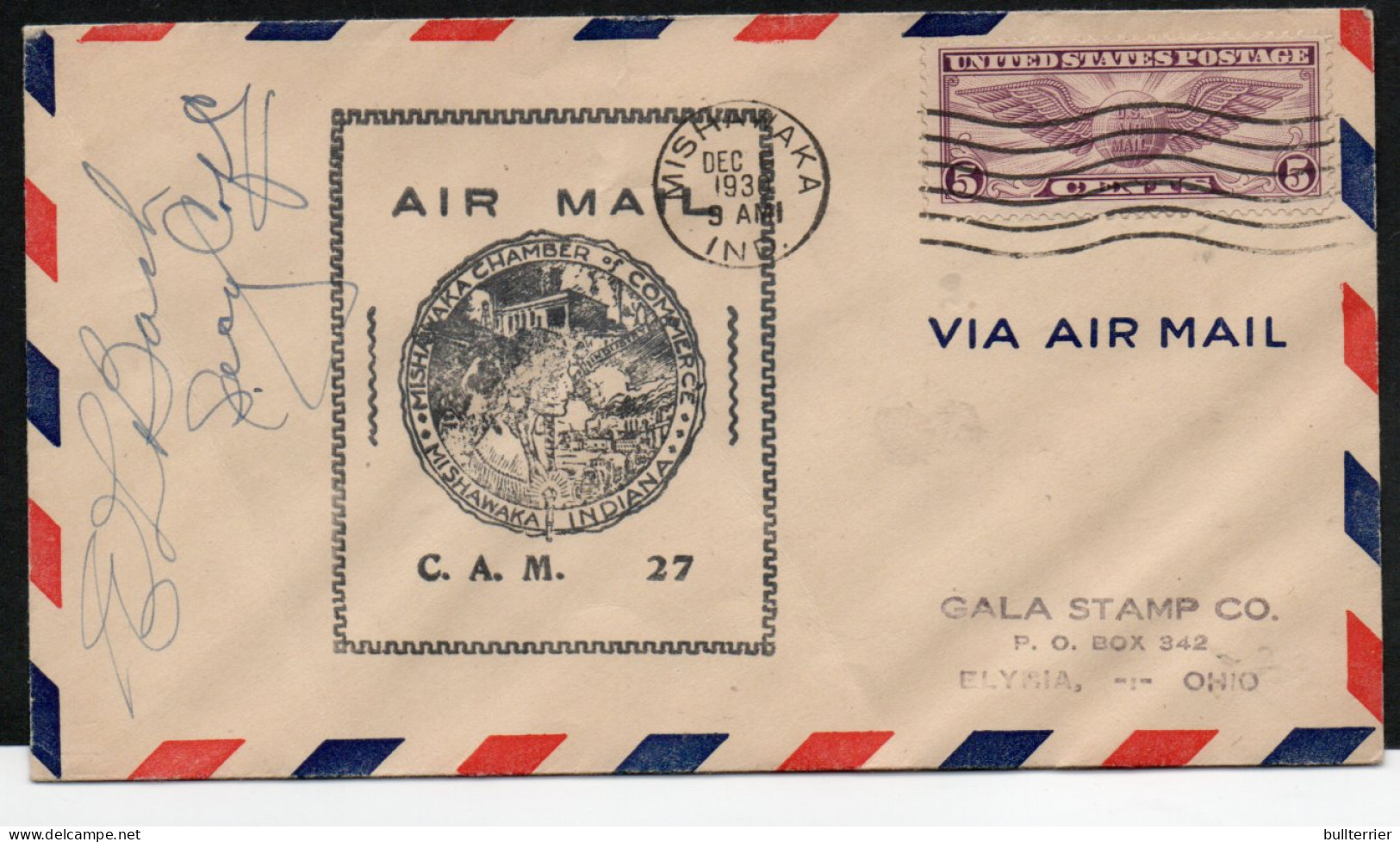 USA -  1930- CAM 27 MISHAWAKA  TO OHIO FIRST  FLIGHT  COVER  ,SIGNED - 1c. 1918-1940 Covers