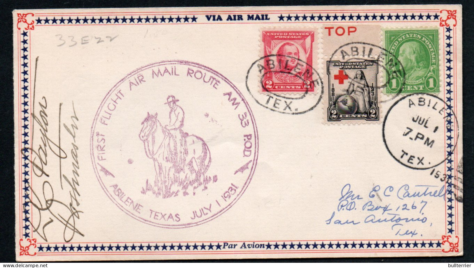 USA -  1931 - ABILENE  AM 33   FIRST  FLIGHT  COVER  ,SIGNED  - 1c. 1918-1940 Brieven