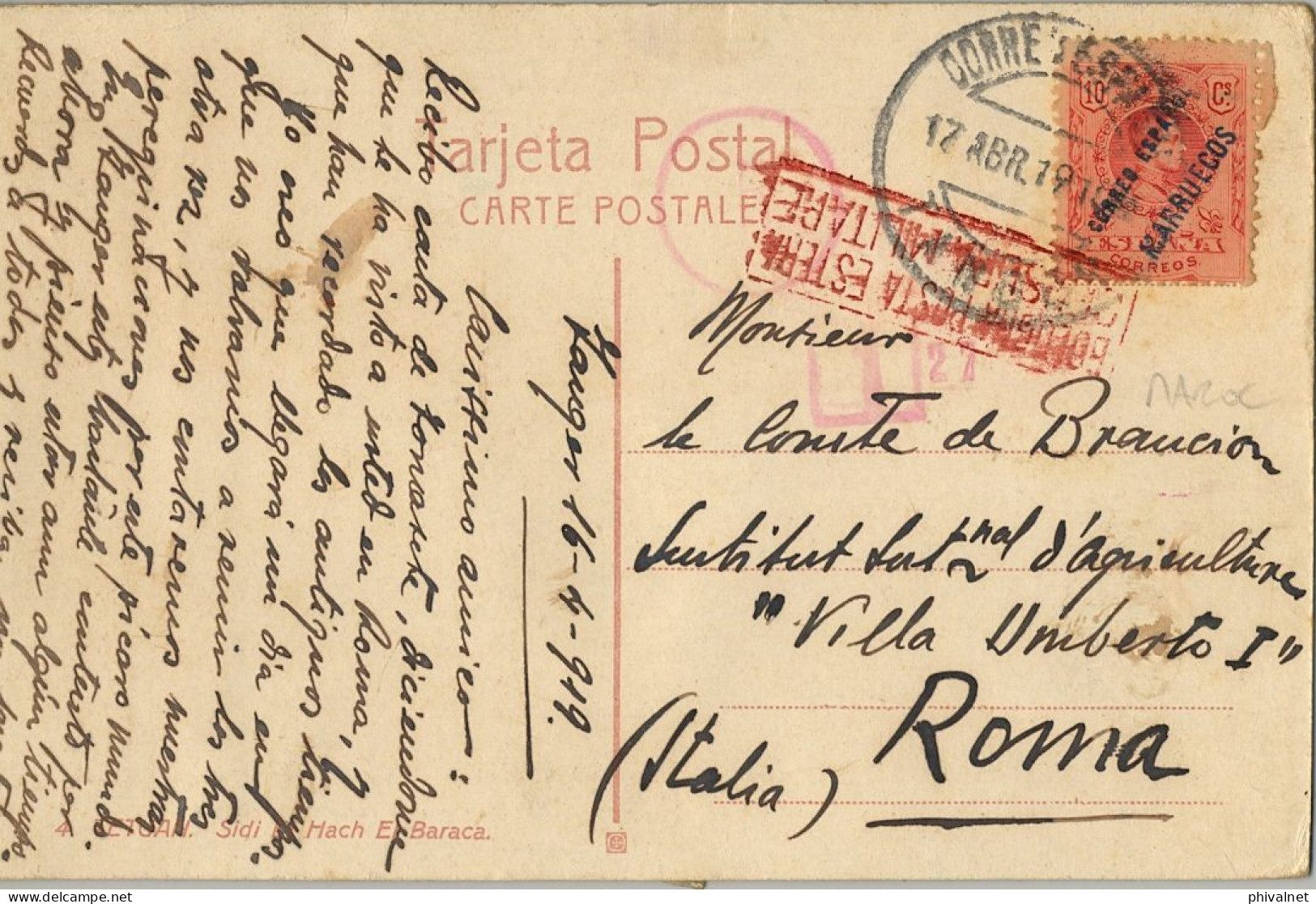 1919 MARRUECOS ESPAÑOL , TÁNGER - ROMA , T.P. CIRCULADA , CENSURA MILITAR ITALIANA , BOLOGNA POSTA ESTERA - Spanisch-Marokko