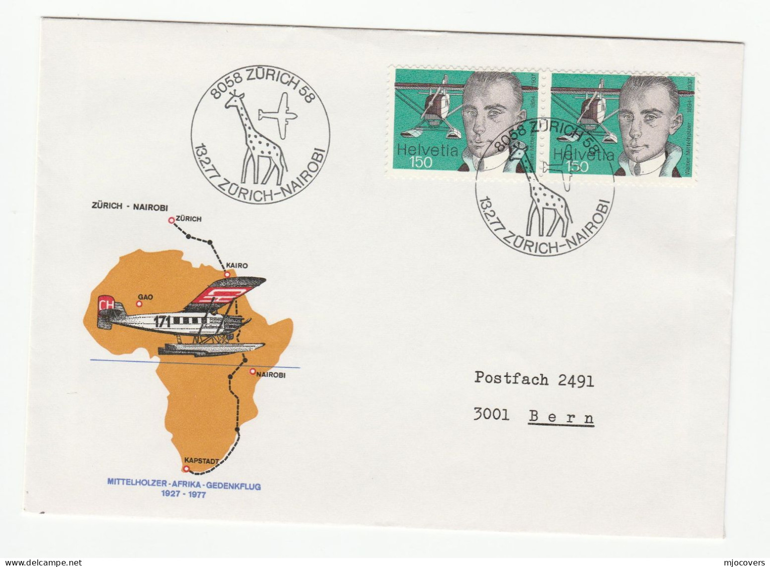 GIRAFFE  Pic Pmk On 1977 First Flight COVER Switzerland To KENYA  SEAPLANE Aviation Stamps - Giraffen