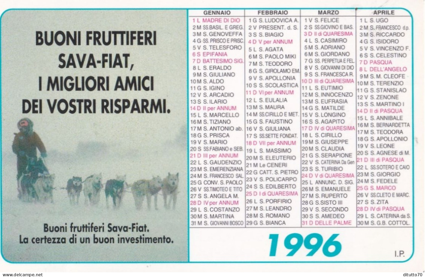 Calendarietto - Buoni Fruttiferi - Sava - Fiat - Anno 1996 - Formato Piccolo : 1991-00