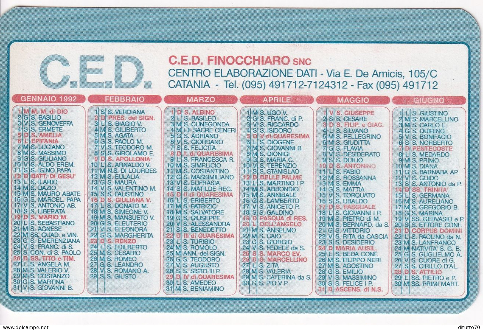 Calendarietto - C.E.D. Finocchiaro - Centro Elaborazione Dati - Catania - Anno 1992 - Formato Piccolo : 1991-00