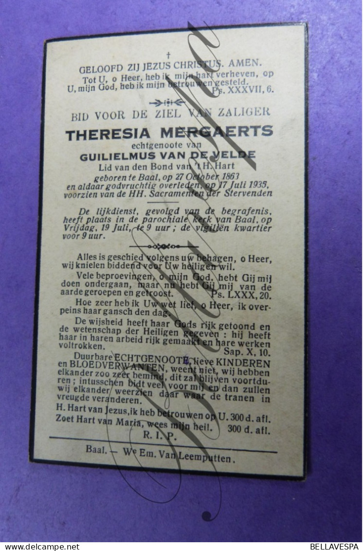 Theresia MERGAERTS Baal  Echt G. VAN DE VELDE 1863-1935 - Décès