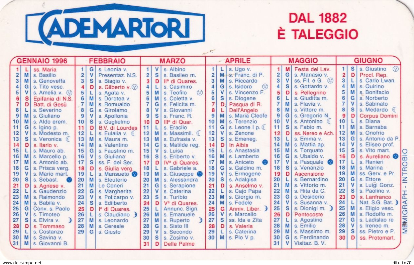 Calendarietto - Cademartori - Anno 1996 - Formato Piccolo : 1991-00