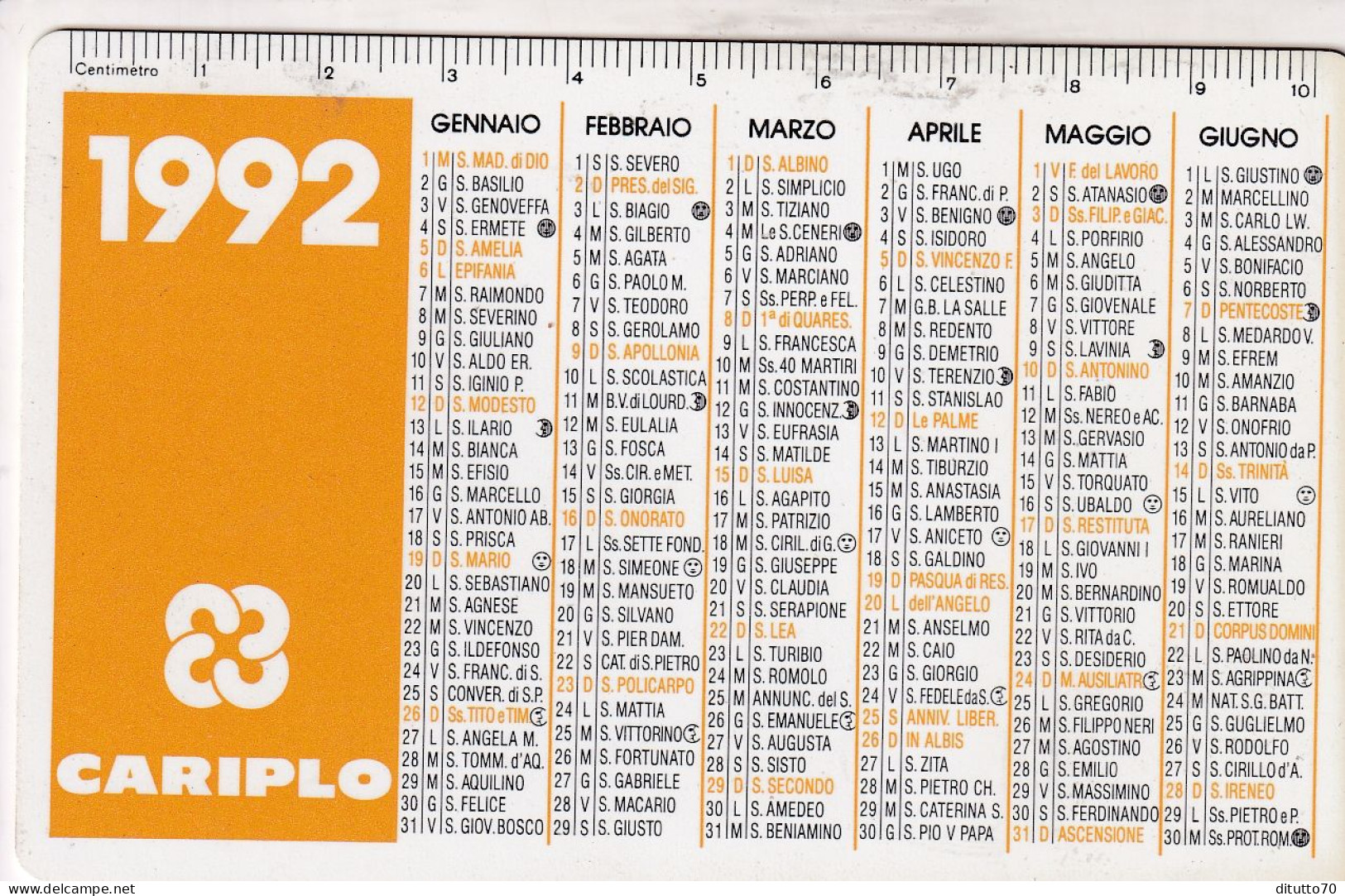 Calendarietto - Cariplo - Anno 1992 - Formato Piccolo : 1991-00