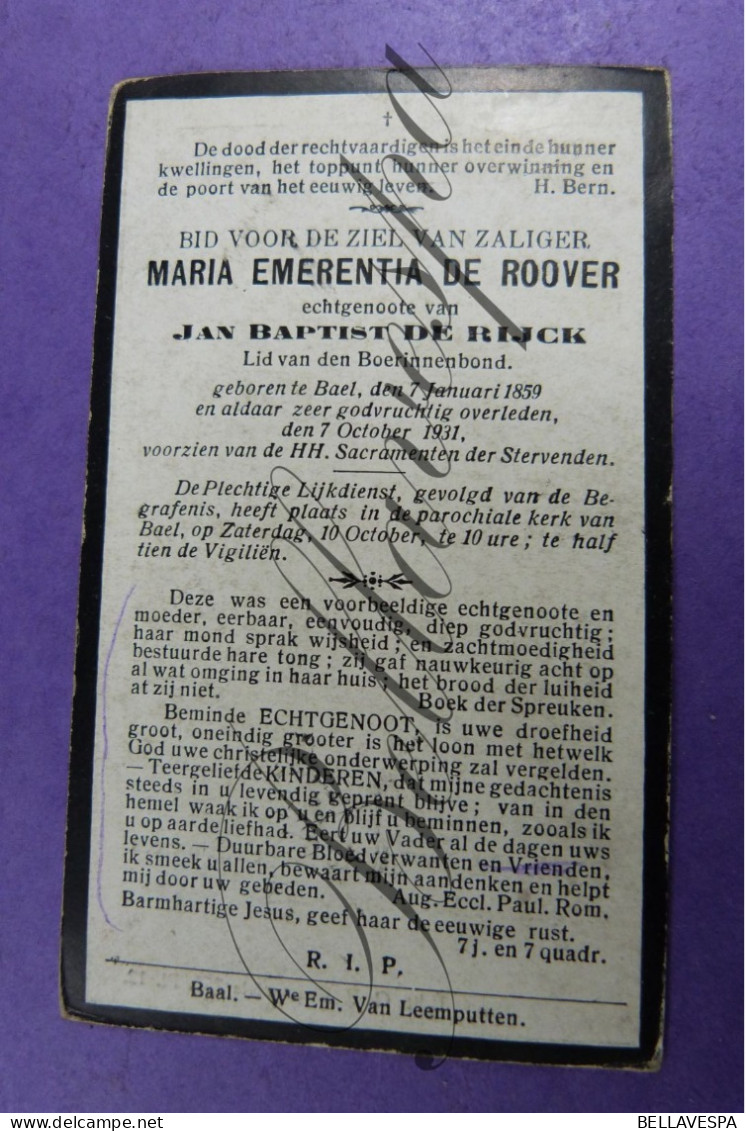 Maria DE ROOVER Echt Jan DE RIJCK. Baal 1859 -1931 - Obituary Notices