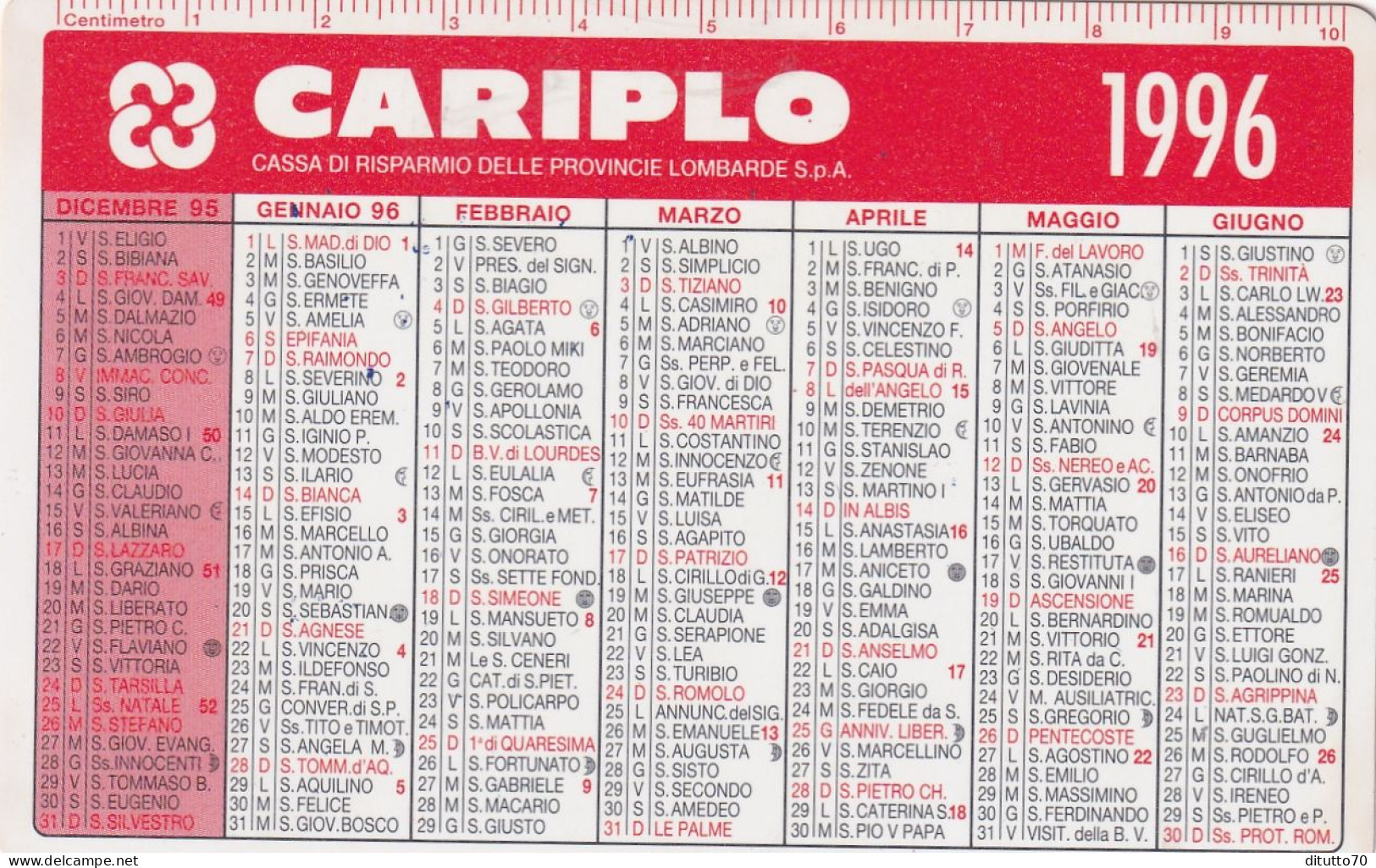 Calendarietto - Cariplo - Cassa Di Risparmio Delle Provincie Lombarde - Anno 1996 - Formato Piccolo : 1991-00