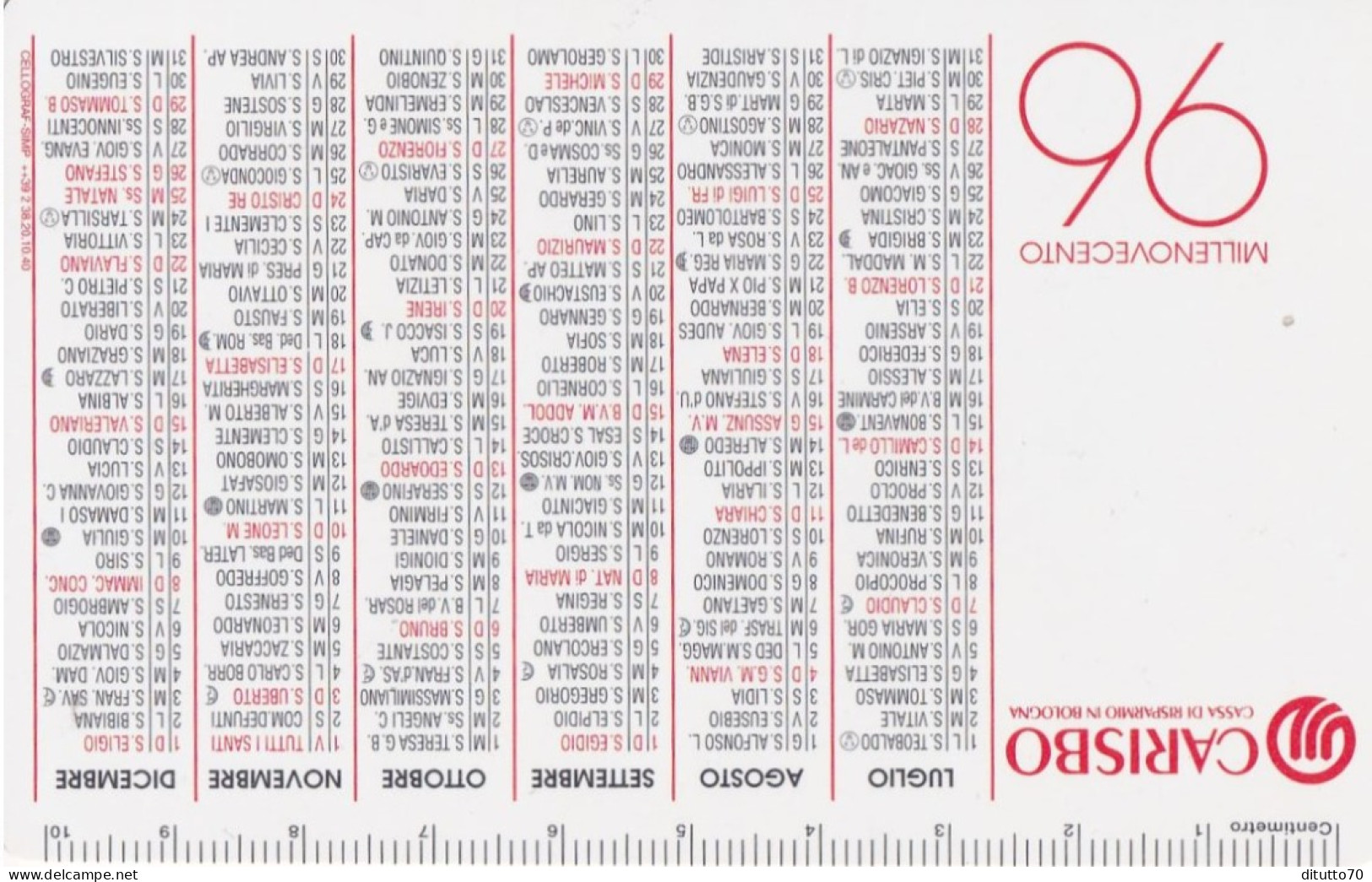 Calendarietto - Carisbo - Cassa Di Risparmio - Bologna - Anno  1996 - Formato Piccolo : 1991-00