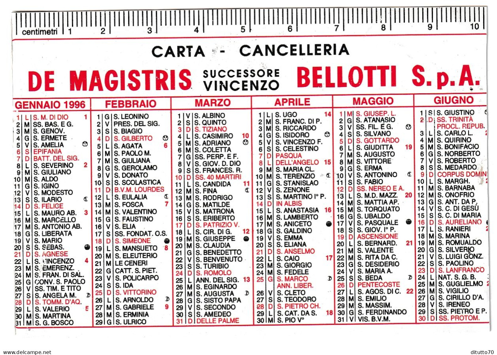 Calendarietto - Carta - Cancelleria - De Magistris - Bellorri - Anno 1996 - Formato Piccolo : 1991-00