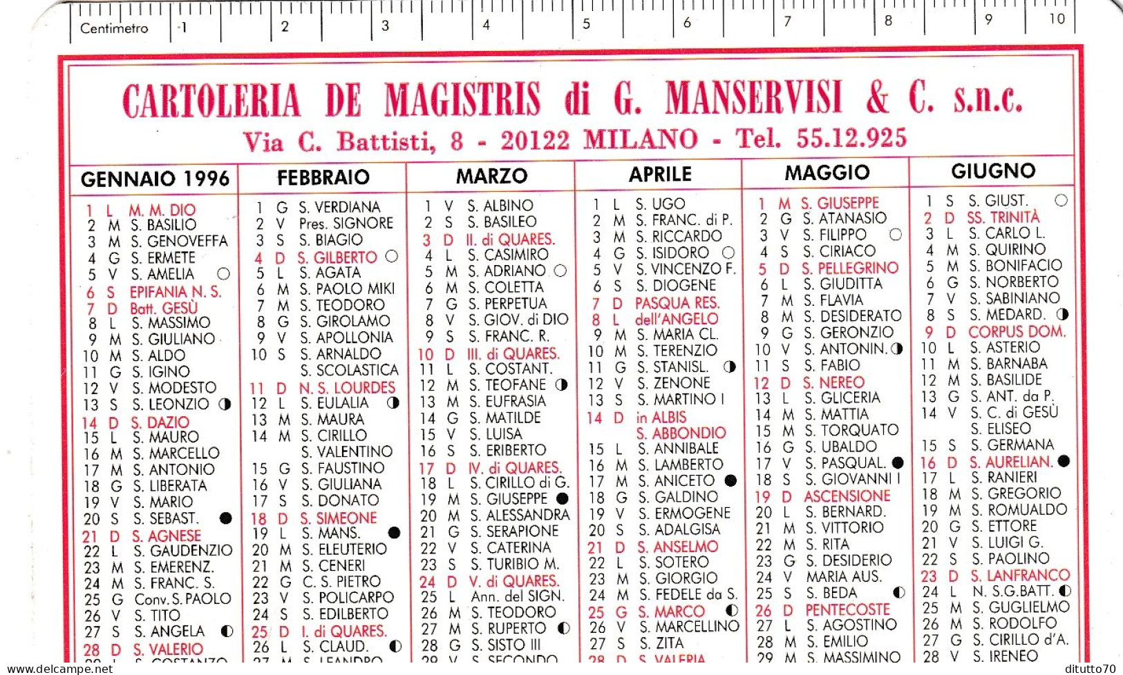 Calendarietto - Cartoleria De Magistris Di G.manservisi E C. - Milano - Anno 1996 - Formato Piccolo : 1991-00