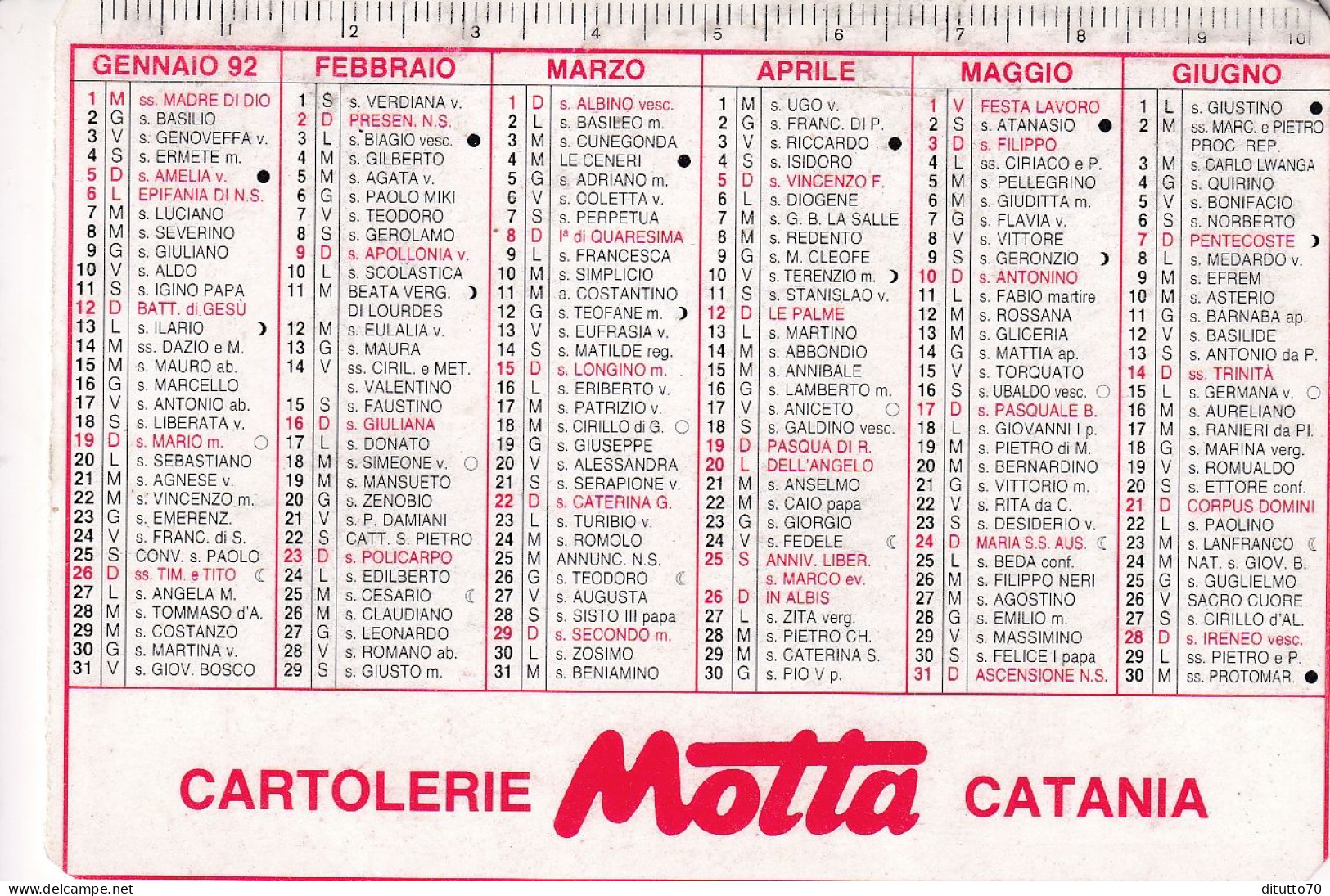 Calendarietto - Cartolerie Motta - Catania - Anno 1992 - Formato Piccolo : 1991-00