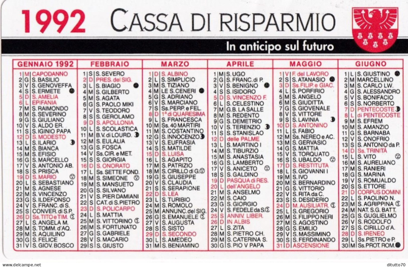 Calendarietto - Cassa Di Risparmio - Anno 1992 - Formato Piccolo : 1991-00