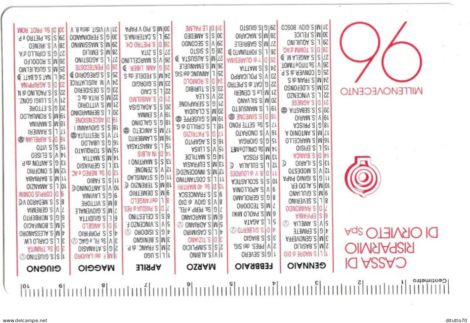 Calendarietto - Cassa Di Risparmio - Orvieto - Anno  1996 - Formato Piccolo : 1991-00