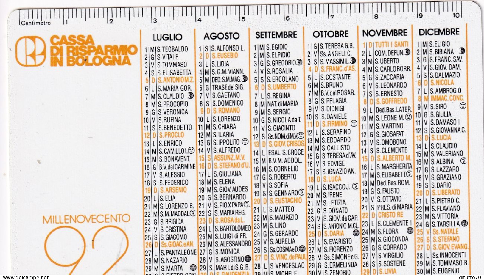 Calendarietto - Cassa Di Risparmio In Bologna - Anno 1992 - Petit Format : 1991-00