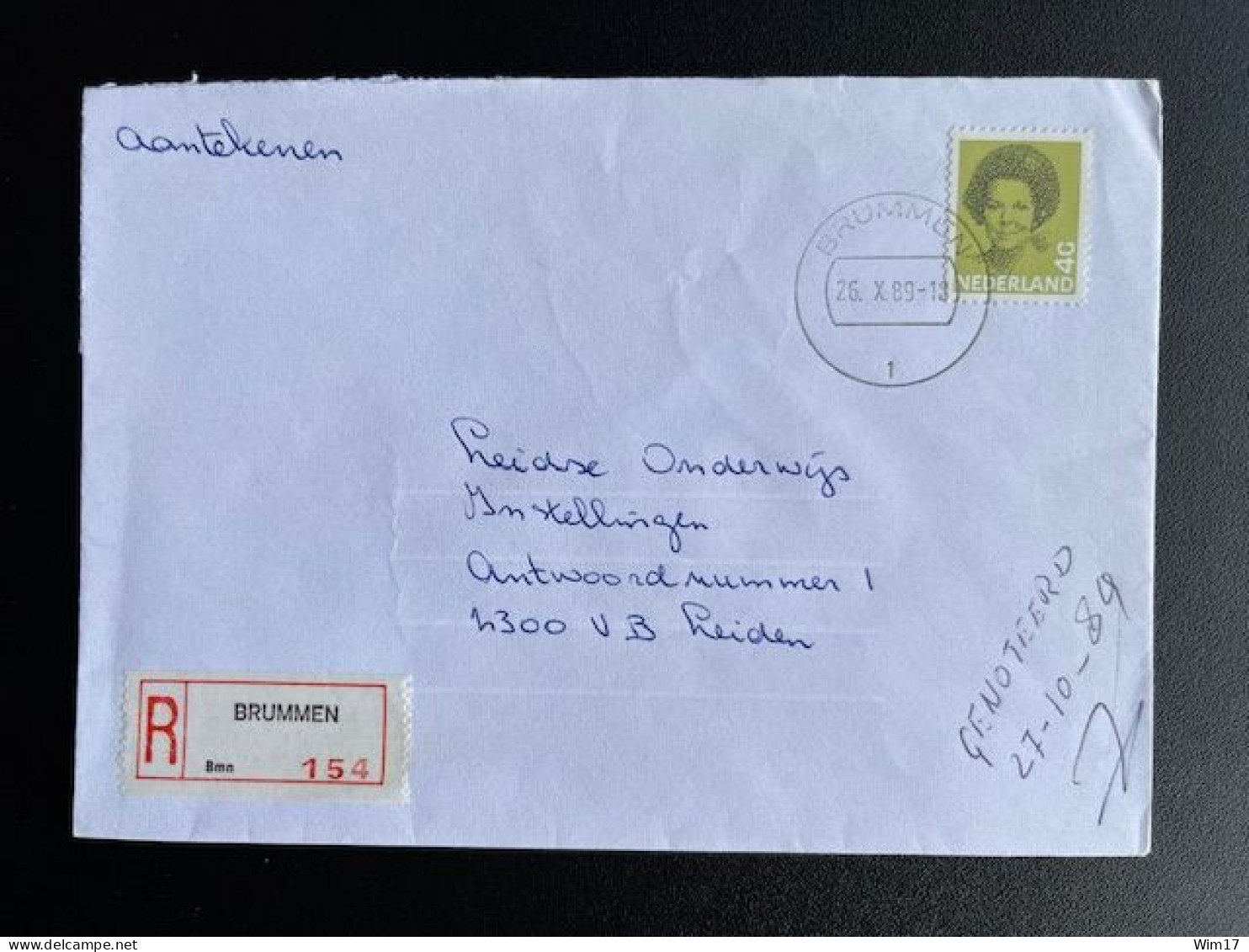 NETHERLANDS 1989 REGISTERED LETTER BRUMMEN TO LEIDEN 26-10-1989 NEDERLAND AANGETEKEND - Covers & Documents