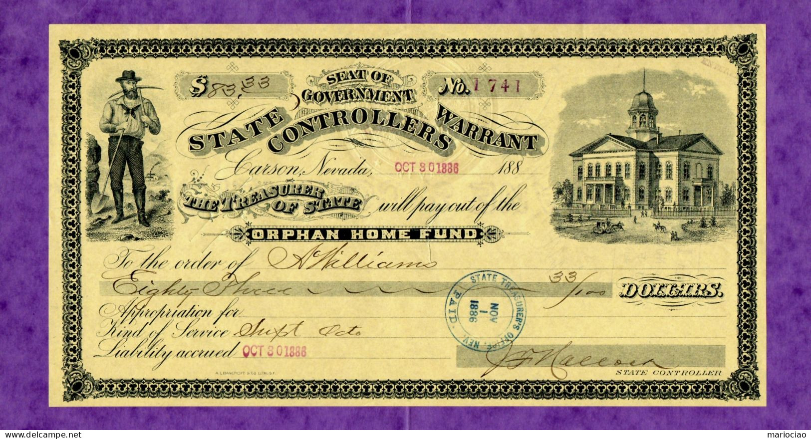 USA Check Nevada Seat Of Government State Controllers Warrant CARSON 1886 - Autres & Non Classés