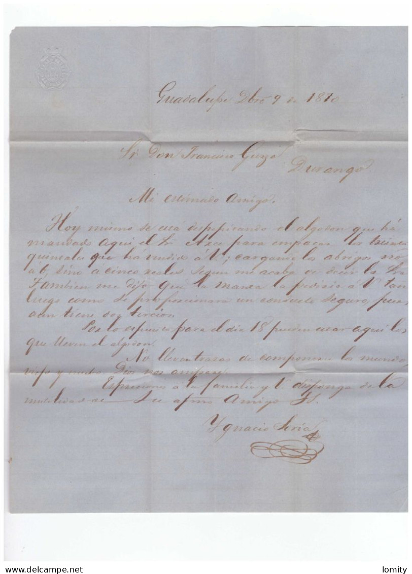 Lettre Mexique Mexico 1870 Timbre Surchargé Durango Timbre 12 Cent  , Cover Letter Brief - México