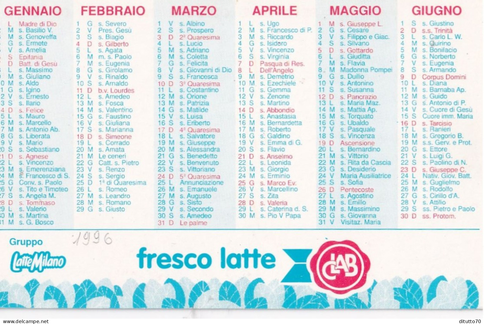 Calendarietto - CLAB - Gruppo Latte Milano - Fresco Lattei - Anno 1996 - Formato Piccolo : 1991-00